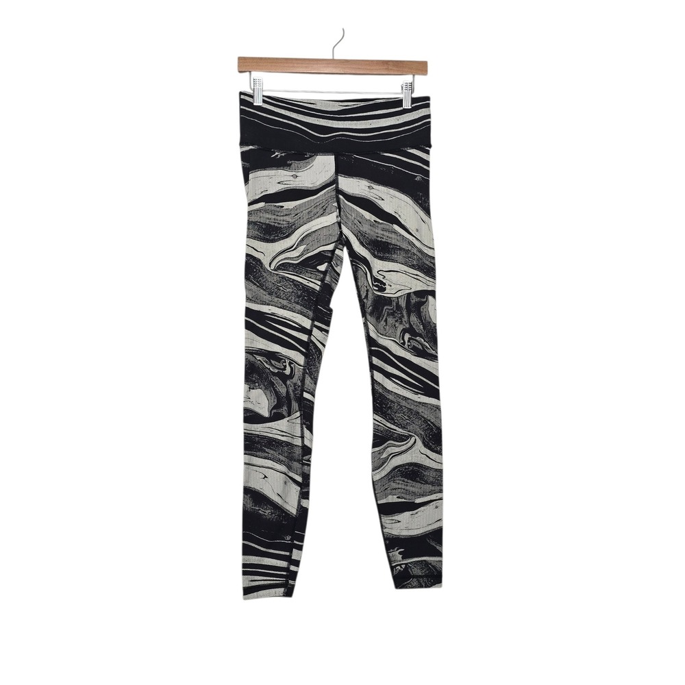 Lululemon Black White Marble Swirl Athletic Leggings Back Pocket Womens Size 8